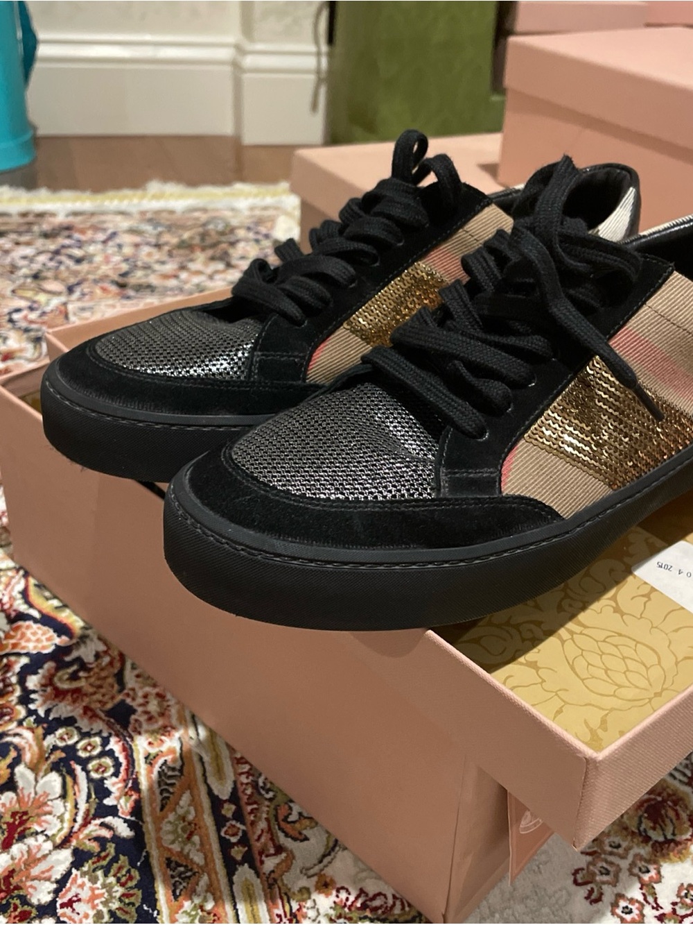 Burberry Gold Glitter Slip-On Sneakers with Black Soles